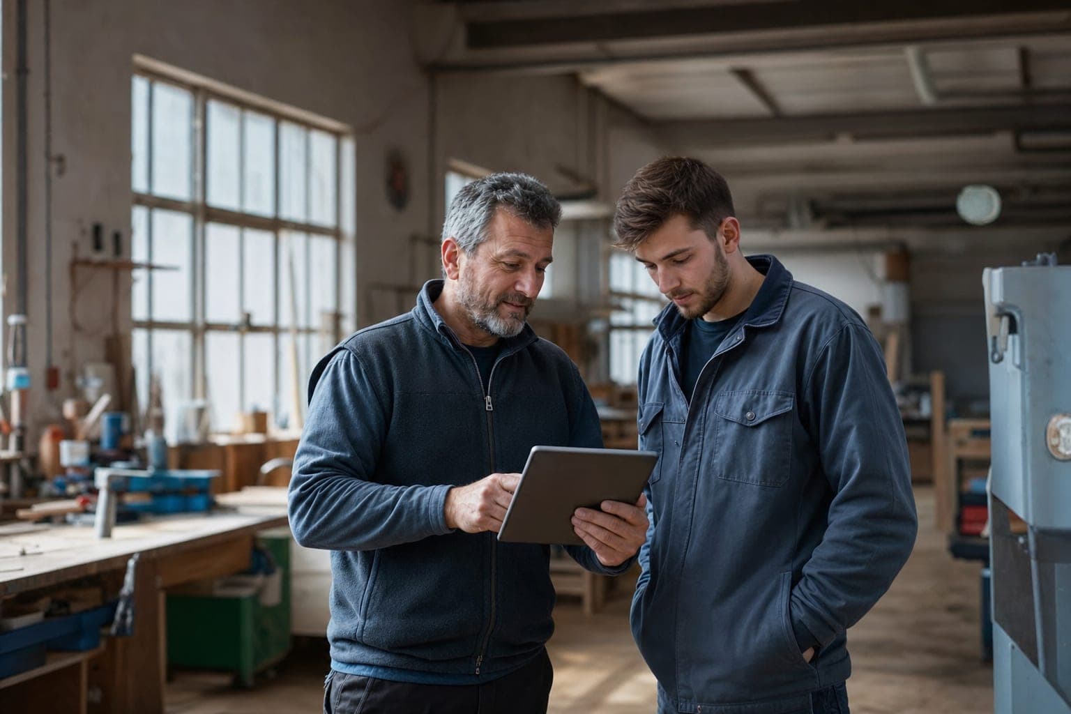 Betriebsinhaber und neue Fachkraft am Tablet in der Werkstatt